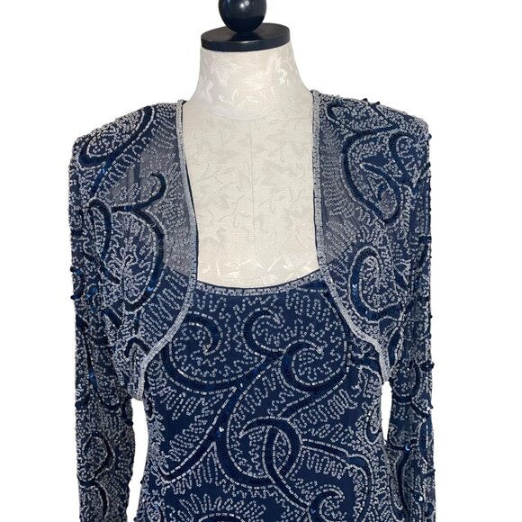 Oleg Cassini Vintage Womens Dress Jacket Set Size 10 Blue Beaded Slip Pure Silk - Picture 2 of 16